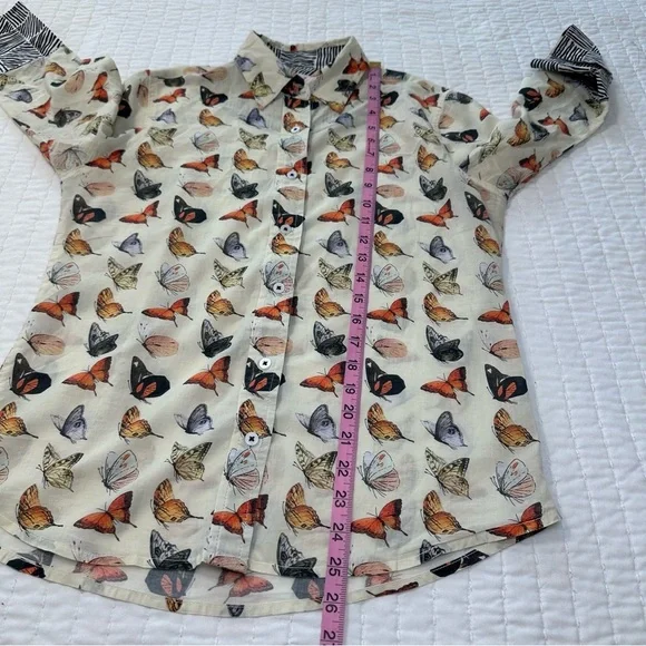 TIZZIE 100% COTTON 3/4 SLEEVE ROME SHIRT NEUTRAL BUTTERFLIES VOILE - Picture 4 of 14